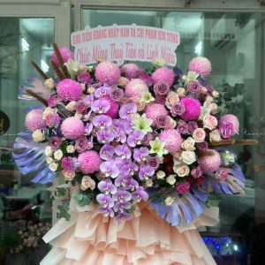Kệ Hoa Khai Trương Hoa Cúc Mẫu Đơn Tone Hồng Tím cao 2m K05