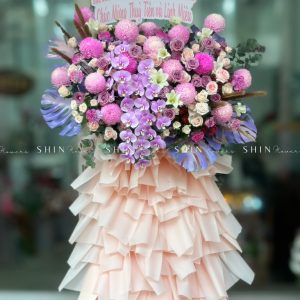 Kệ Hoa Khai Trương Hoa Cúc Mẫu Đơn Tone Hồng Tím cao 2m K05