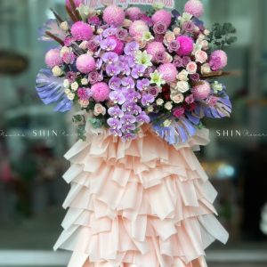Kệ Hoa Khai Trương Hoa Cúc Mẫu Đơn Tone Hồng Tím cao 2m K05