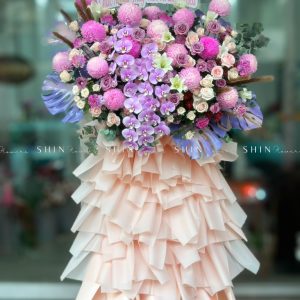 Kệ Hoa Khai Trương Hoa Cúc Mẫu Đơn Tone Hồng Tím cao 2m K05