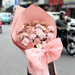 Hoa Bó Cẩm Chướng Hồng Nơ Lụa S459