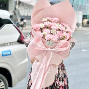 Hoa Bó Cẩm Chướng Hồng Nơ Lụa S475