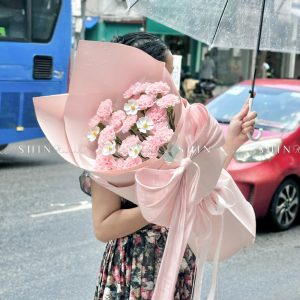 Hoa Bó Cẩm Chướng Hồng Nơ Lụa S475