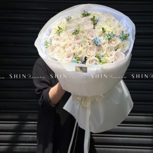 Bó Hoa 50 hồng trắng White Ohara mix Tweedia Xanh S485