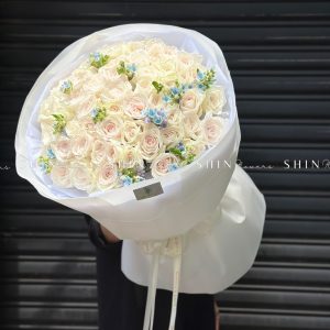Bó Hoa 50 hồng trắng White Ohara mix Tweedia Xanh S485