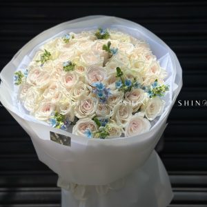 Bó Hoa 50 hồng trắng White Ohara mix Tweedia Xanh S485