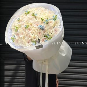 Bó Hoa 50 hồng trắng White Ohara mix Tweedia Xanh S485