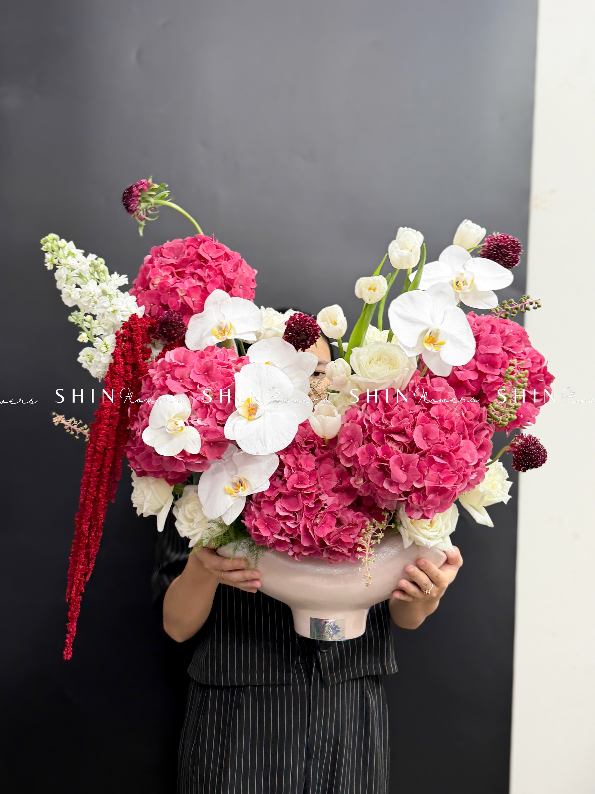 Lẵng Hoa chúc mừng Cẩm tú cầu đỏ và Tulip H131