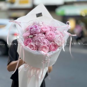 Hoa Bó 3 Mẫu Đơn Sarah Hồng mix cẩm tú cầu S635
