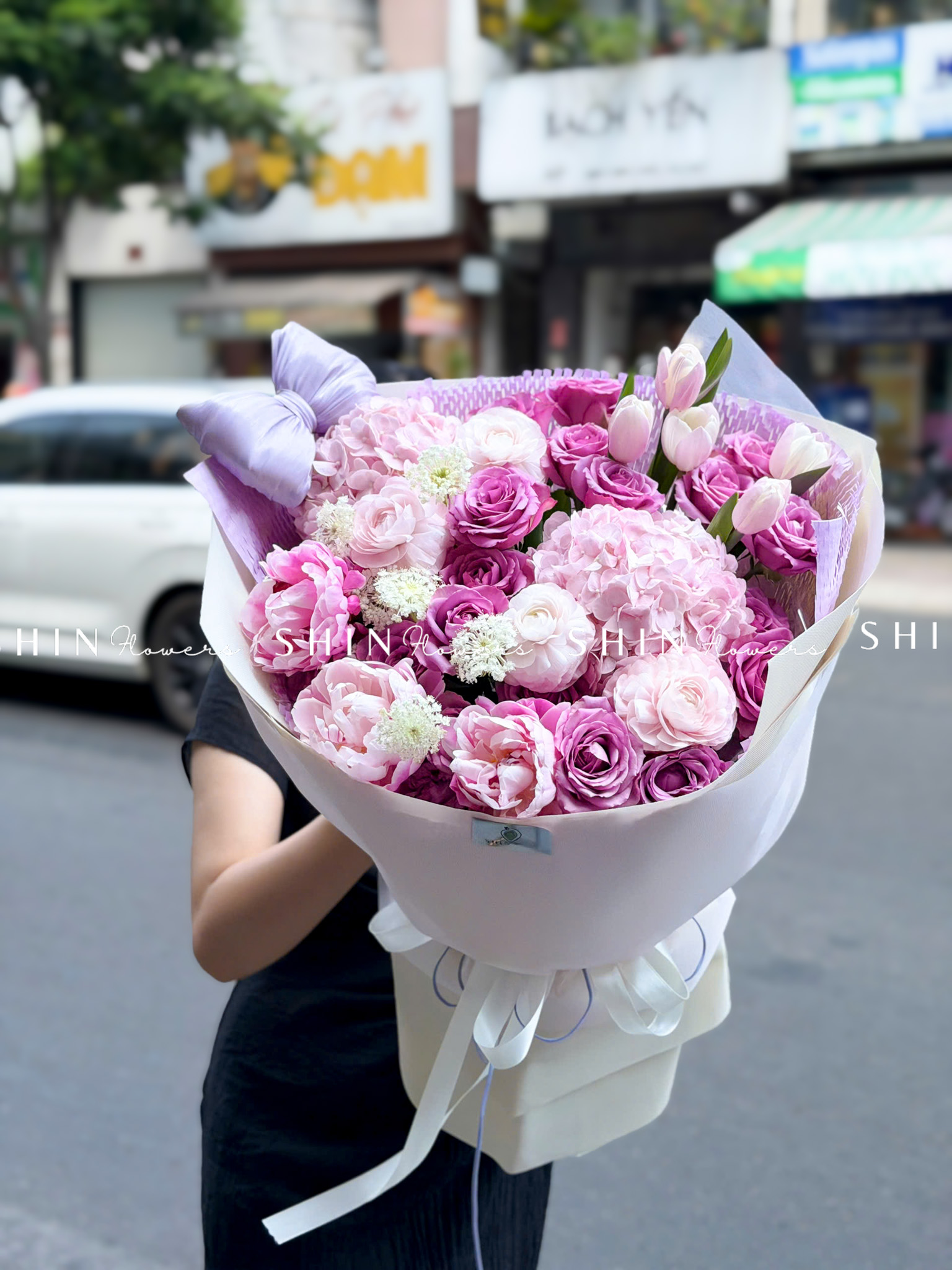 Hoa Bó Mẫu đơn mix Mao Lương Hồng Nhật Bản mix Tulip tím S675