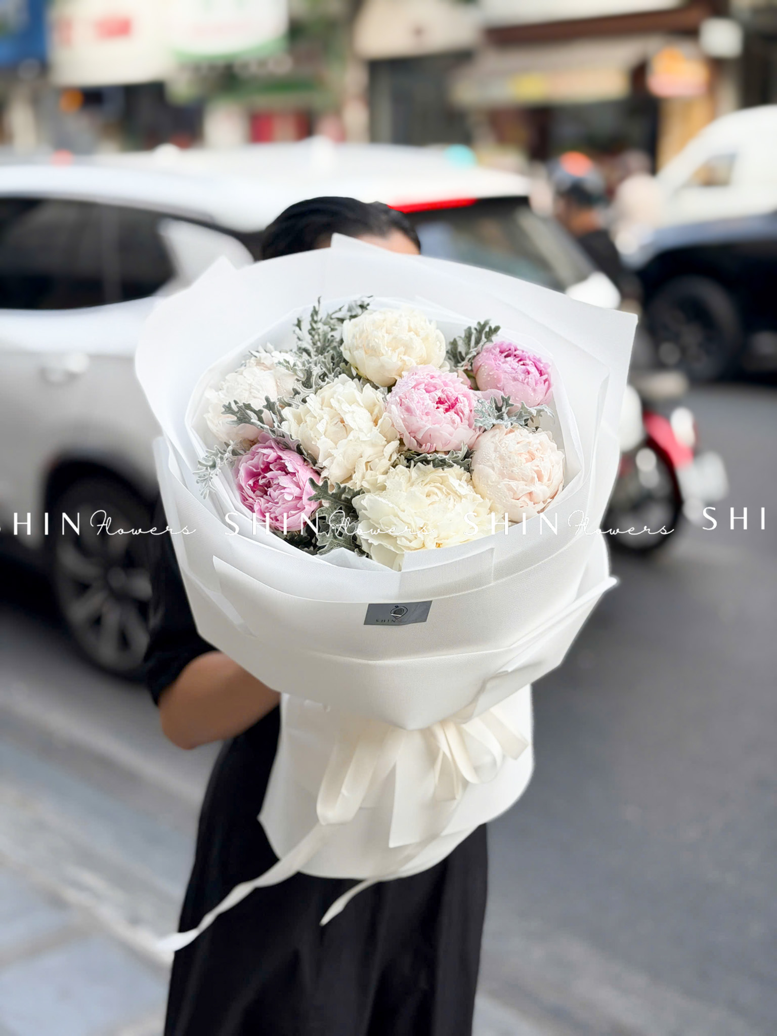 Hoa Bó Mẫu Đơn Trắng 5 Bowl Of Cream Mix 3 sarah Hồng S672