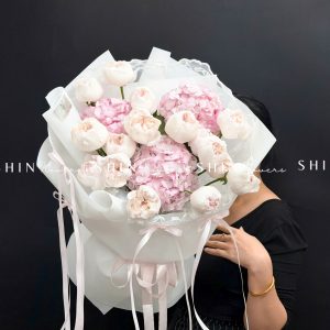 Hoa Bó hoa hồng Cute White Rose mix 3 cẩm tú cầu hồng S648