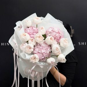 Hoa Bó hoa hồng Cute White Rose mix 3 cẩm tú cầu hồng S648