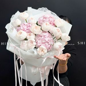 Hoa Bó hoa hồng Cute White Rose mix 3 cẩm tú cầu hồng S648