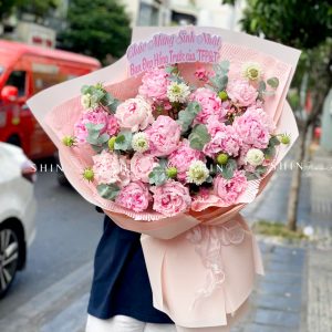 Hoa Bó 16 Mẫu Đơn Sarah Hồng mix lá S663