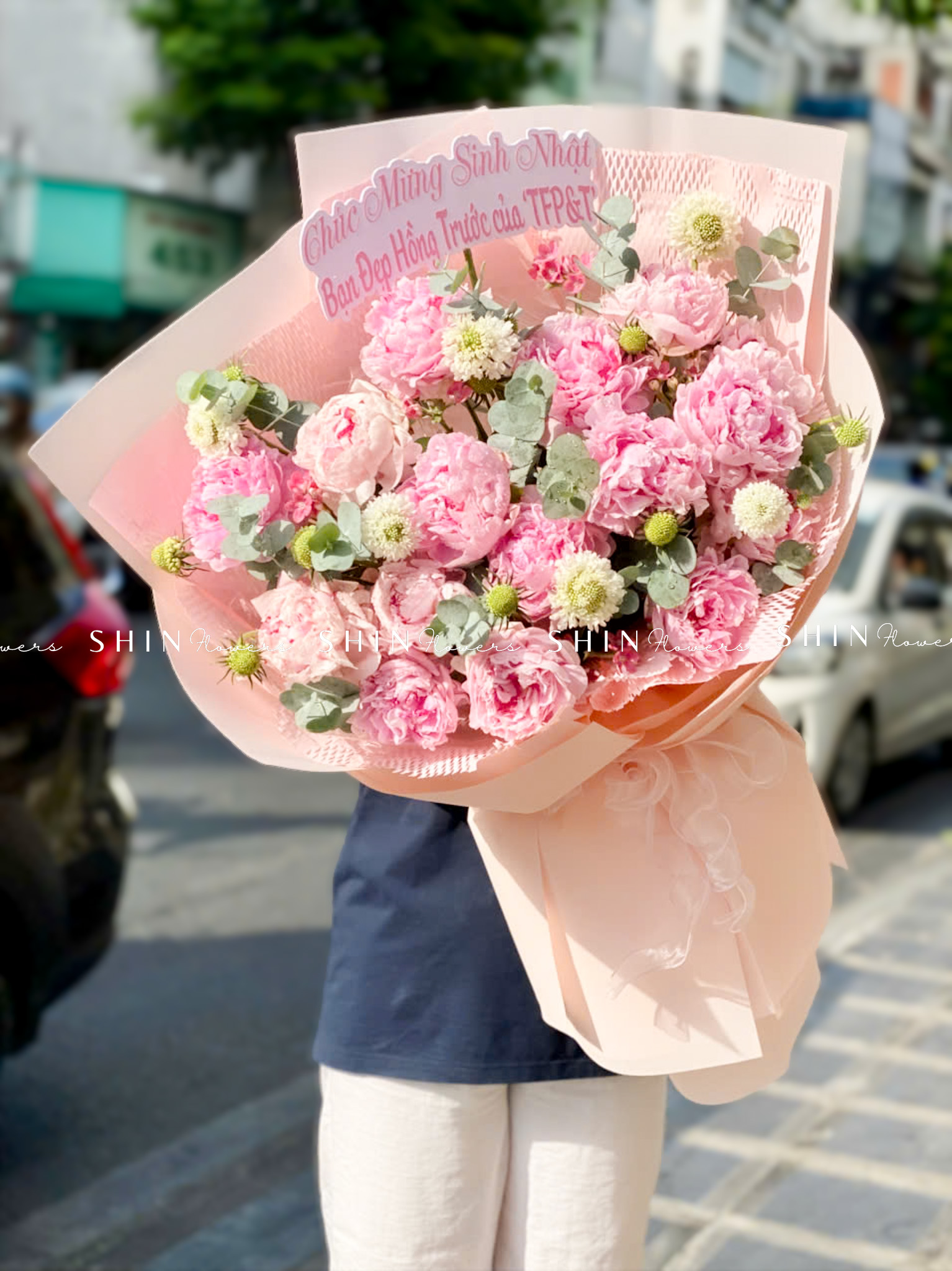 Hoa Bó 16 Mẫu Đơn Sarah Hồng mix lá S663
