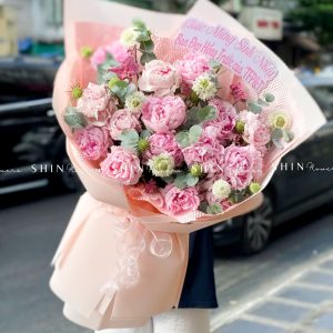 Hoa Bó 16 Mẫu Đơn Sarah Hồng mix lá S663