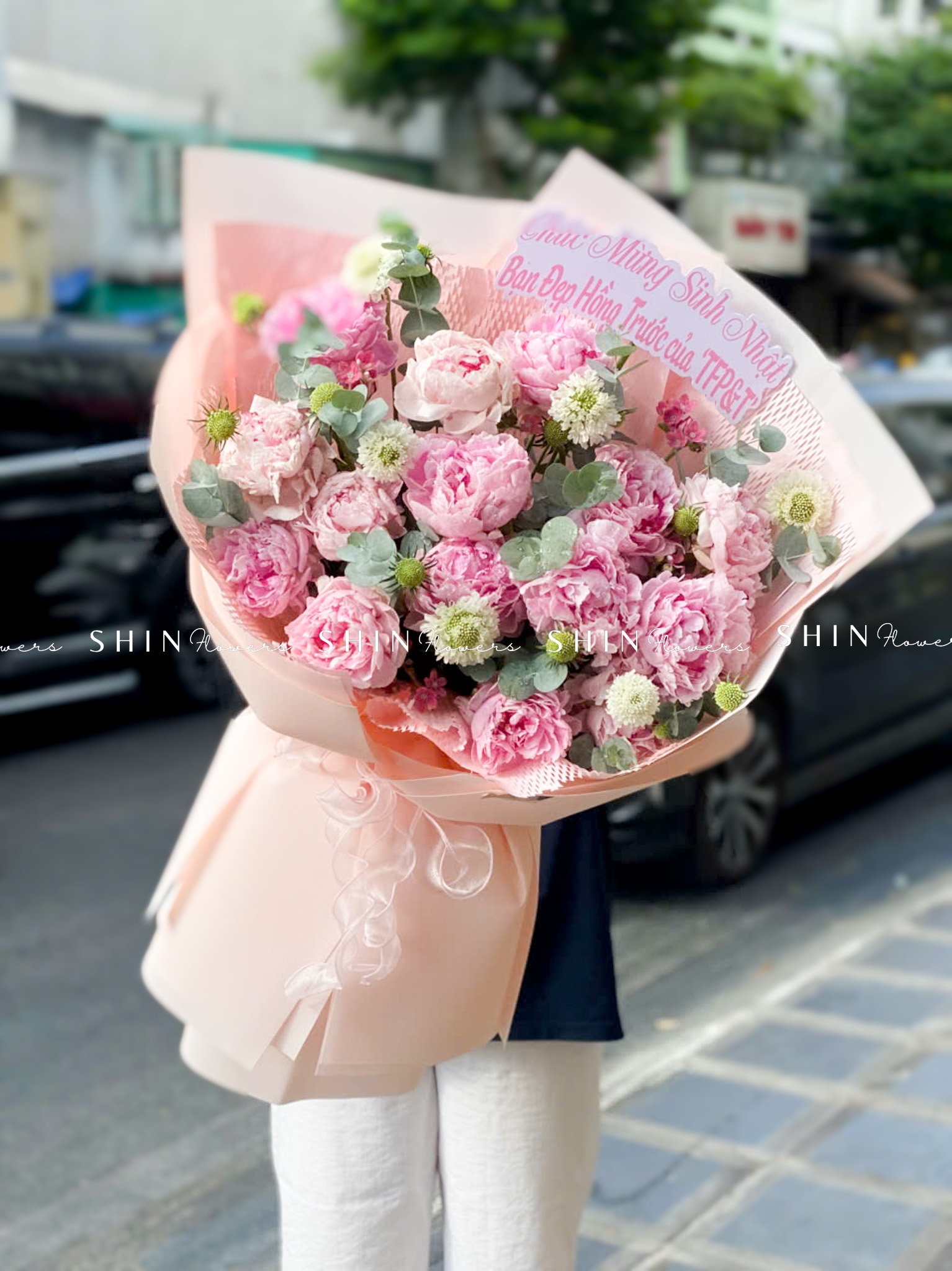 Hoa Bó 16 Mẫu Đơn Sarah Hồng mix lá S663