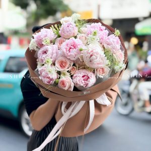 Hoa Bó 9 Mẫu Đơn Sarah Hồng mix nhẹ nhàng S659