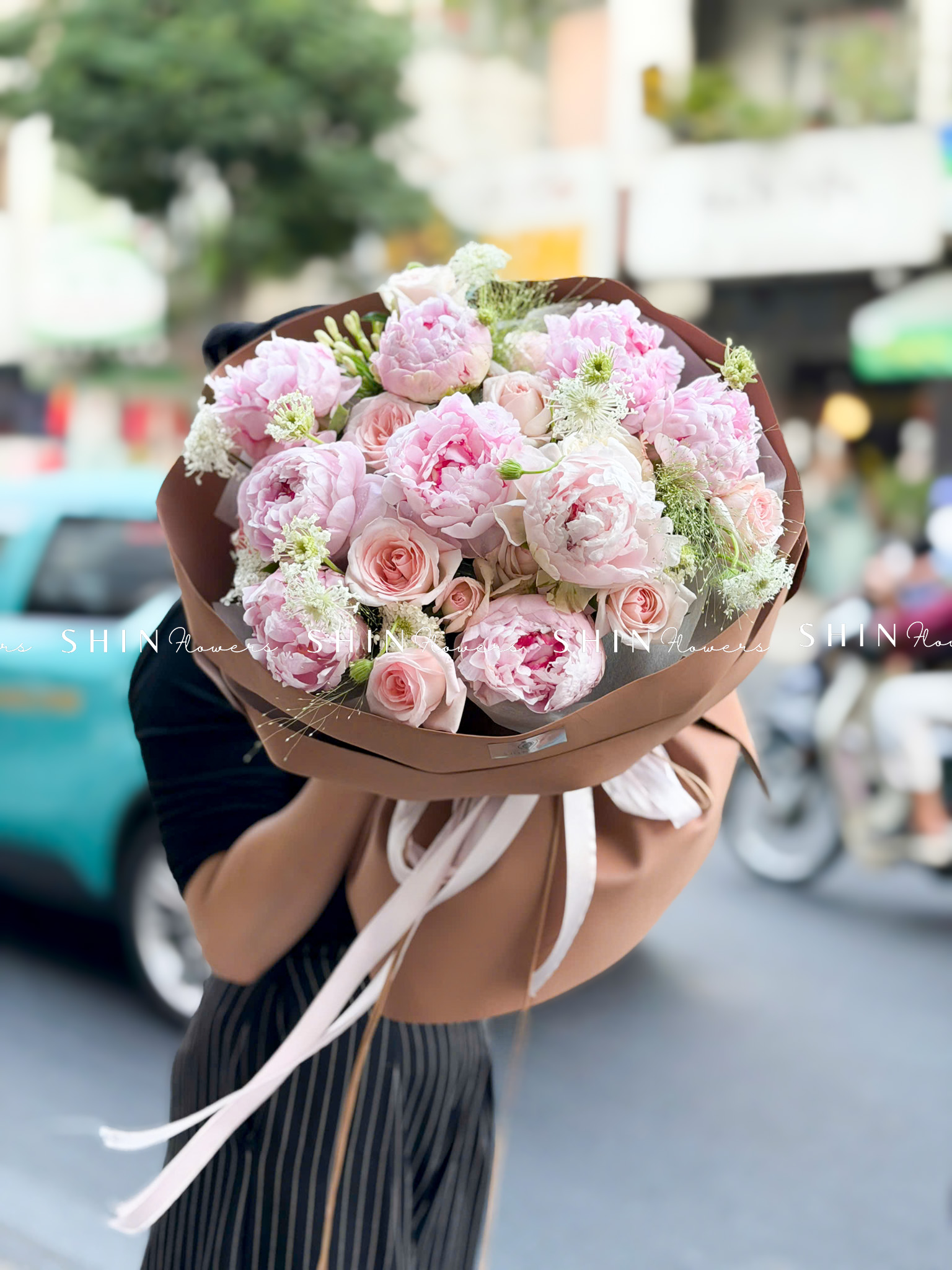 Hoa Bó 9 Mẫu Đơn Sarah Hồng mix nhẹ nhàng S659