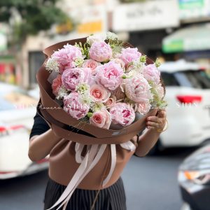 Hoa Bó 9 Mẫu Đơn Sarah Hồng mix nhẹ nhàng S659