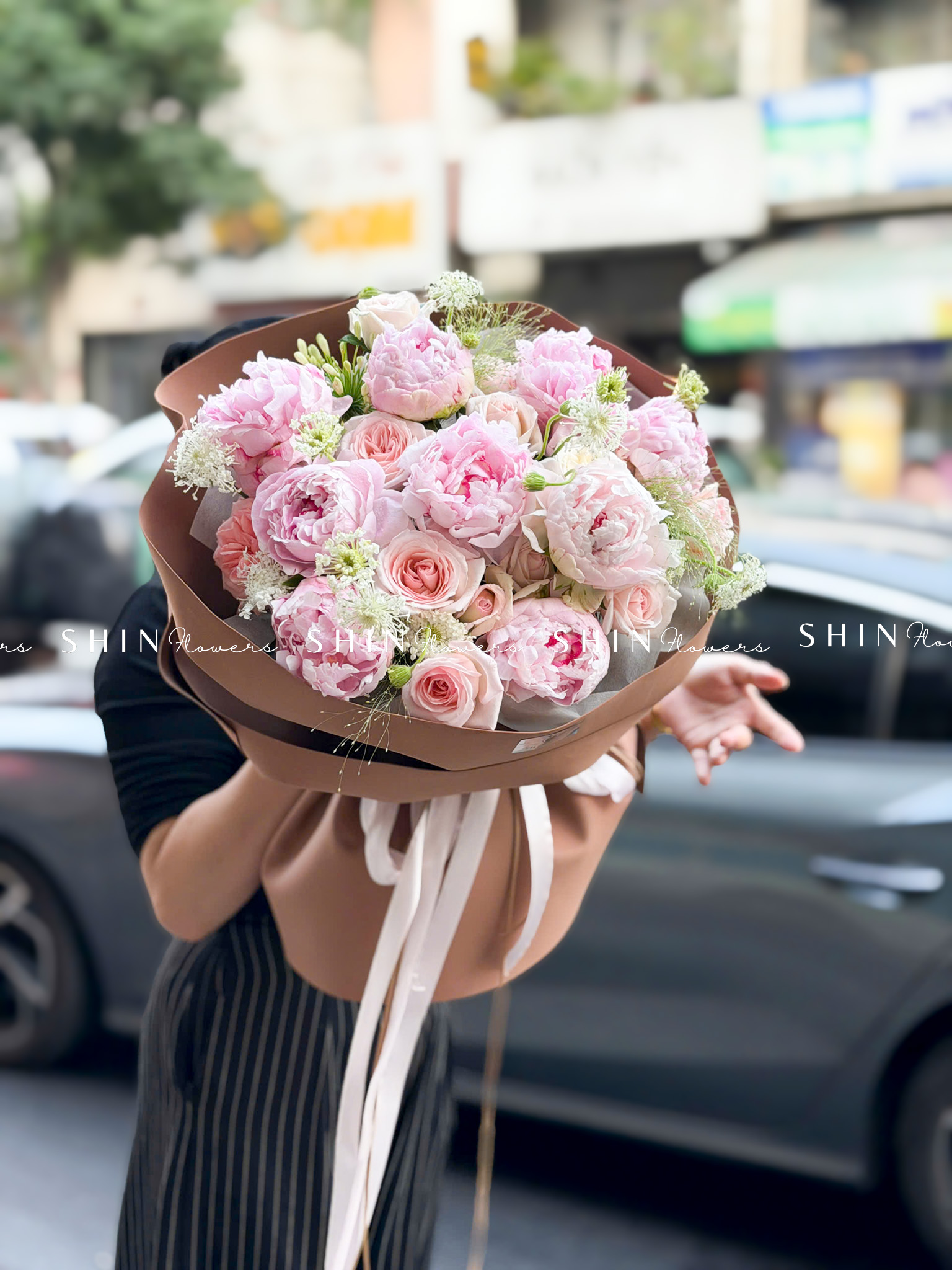 Hoa Bó 9 Mẫu Đơn Sarah Hồng mix nhẹ nhàng S659