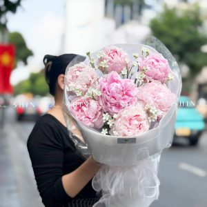 Hoa Bó 7 Mẫu Đơn Sarah Hồng Mix tweedia trắng S658