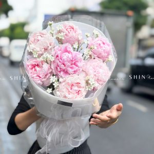 Hoa Bó 7 Mẫu Đơn Sarah Hồng Mix tweedia trắng S658