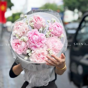 Hoa Bó 7 Mẫu Đơn Sarah Hồng Mix tweedia trắng S658