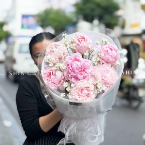 Hoa Bó 7 Mẫu Đơn Sarah Hồng Mix tweedia trắng S658