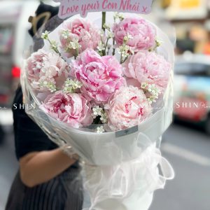 Hoa Bó 7 Mẫu Đơn Sarah Hồng Mix tweedia trắng S658