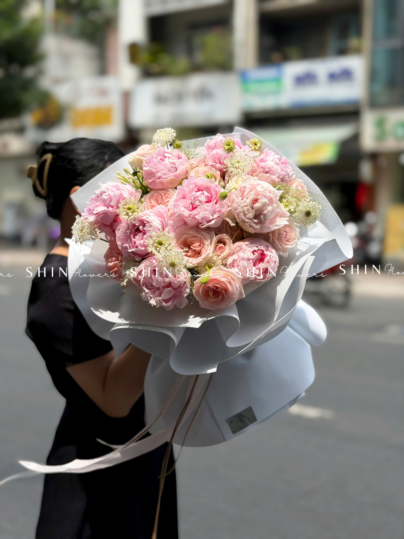 Hoa Bó 9 Mẫu Đơn Sarah Hồng mix nhẹ nhàng S666