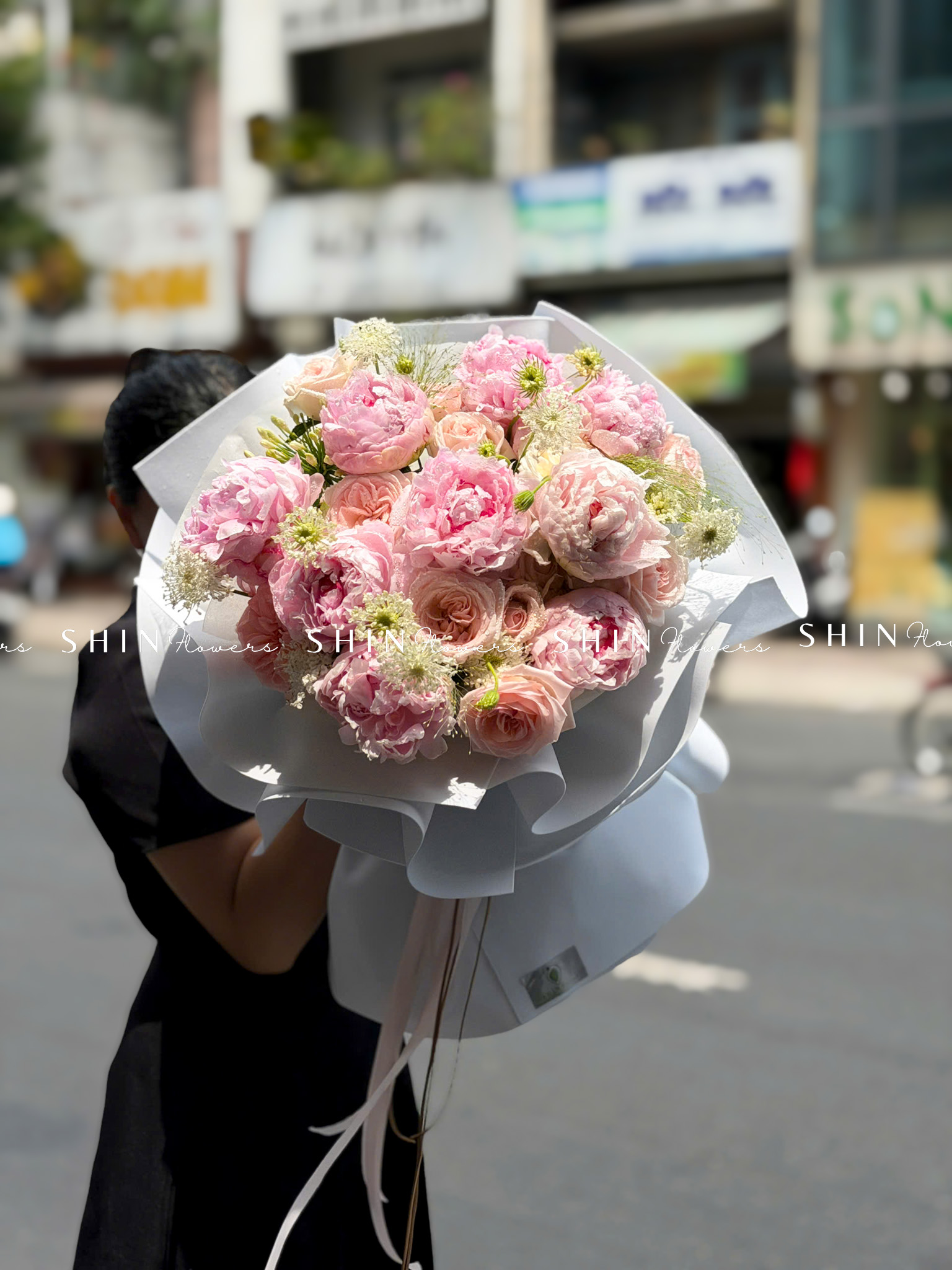 Hoa Bó 9 Mẫu Đơn Sarah Hồng mix nhẹ nhàng S666