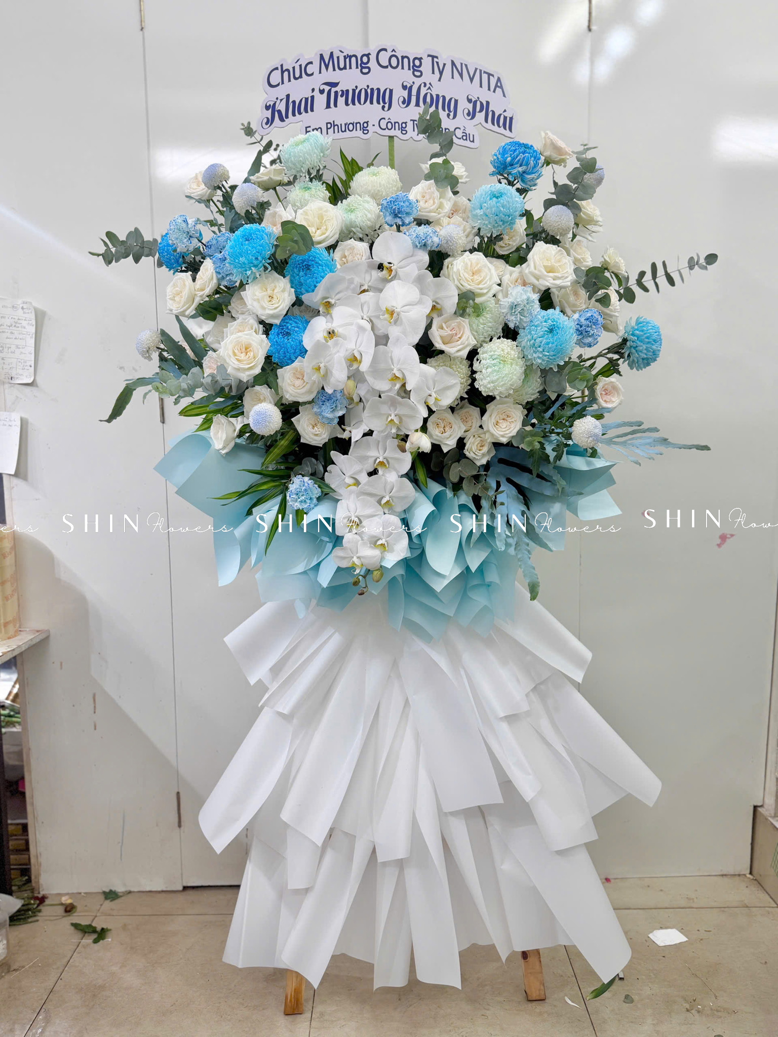 Kệ Hoa Khai Trương -hoa Chúc Mừng Tone Xanh K16